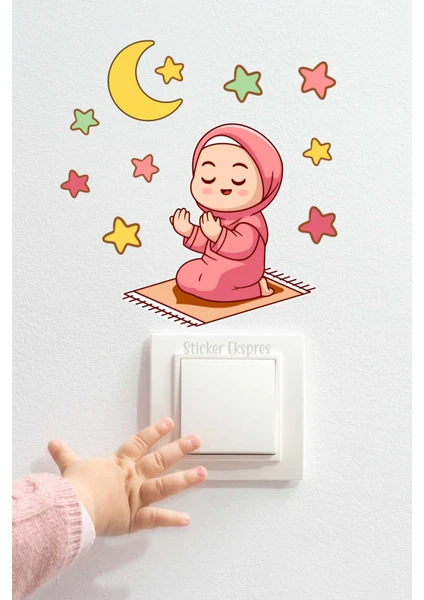 Sticker Ekspres Namaz Kılan Kız Çocuk Hilal ve Yıldızlar R3 Ramazan Priz Üstü Sticker