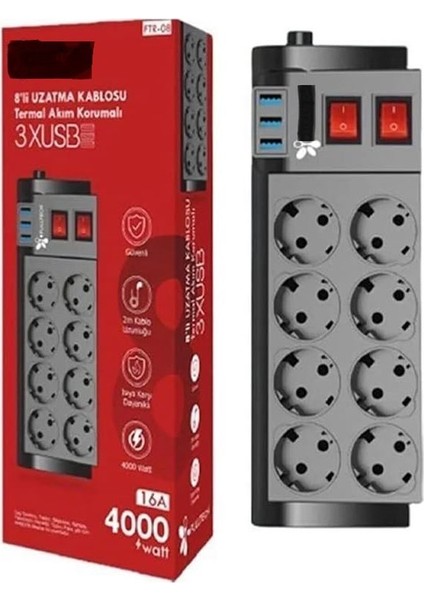 4000W, 16A, Akım Korumalı Priz 8 x Priz, 3 x Usb, 2 mt Kablo, Çoklayıcı