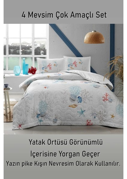 Coral Turkuaz 4 Mevsim Çok Amaçlı Kapitoneli Tek Kişilik Set + Yorgan + Yastık Cicekli