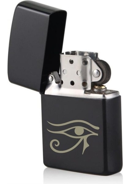 Vicdanın Gözü Resimli Çakmak Mısır Tanrısı Horus Ra Resimli Dolu Benzinli Siyah Metal