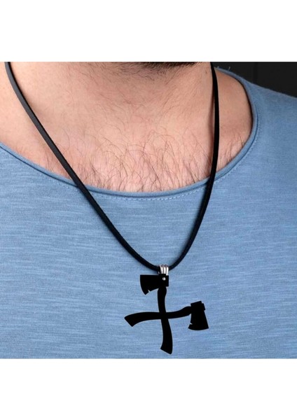 Çapraz Ikili Balta Kolye Siyah El Baltası Güç Simgesi Akrilik Çap 5 cm Deri Kayış fırsatları