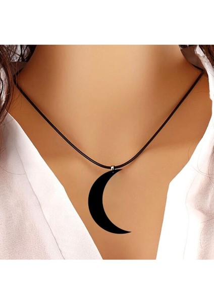 Ay Dolunay Siyah Kolye Gothic Punk Rock Deri Kayışlı Cosplay Aksesuar 5cm Akrilik