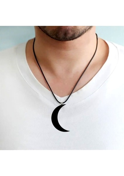 Ay Dolunay Siyah Kolye Gothic Punk Rock Deri Kayışlı Cosplay Aksesuar 5cm Akrilik
