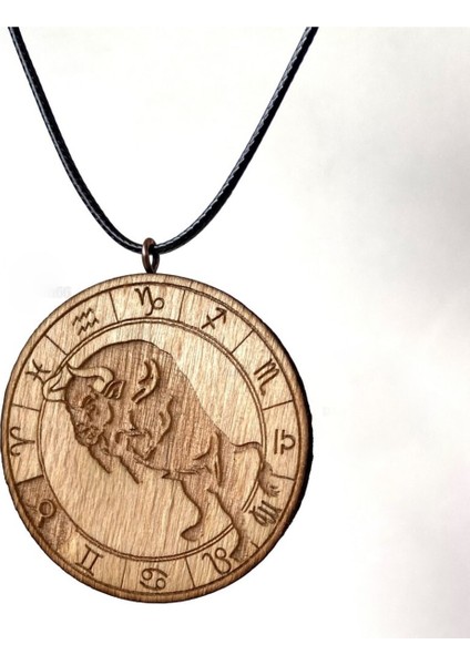 Boğa Burç Ahşap Kolye Büyük Çaplı Rölyef Madalyon El Yapımı Tahta Zodyak Astroloji