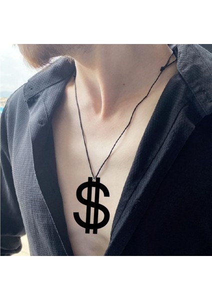 Dolar Işareti Kolye Büyük Boy Servet Para Sembol Boy 9cm Siyah Akrilik Deri Kayış