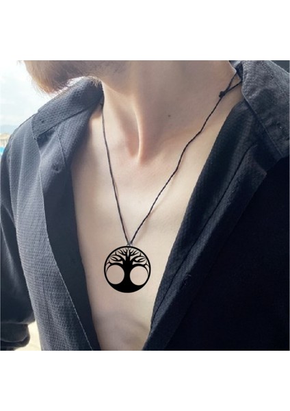 Hayat Ağacı Kolye Denge Ağaç Büyük Boy 6cm Siyah Akrilik Deri Kayış