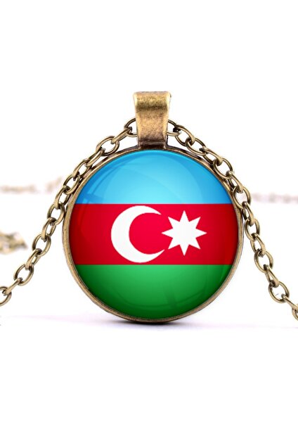 Azerbaycan Bayrak Kolye Azerbaijan Bayrağı Yuvarlak Camlı Bronz Renk Metal Kolyesi