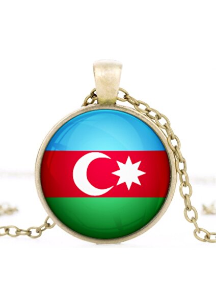 Azerbaycan Bayrak Kolye Azerbaijan Bayrağı Yuvarlak Camlı Bronz Renk Metal Kolyesi