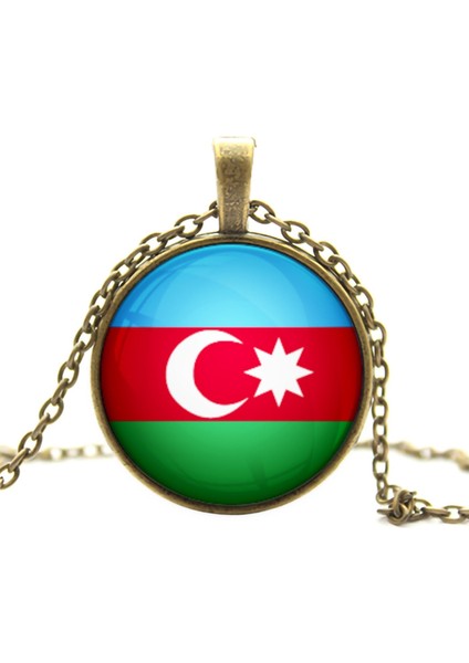 Azerbaycan Bayrak Kolye Azerbaijan Bayrağı Yuvarlak Camlı Bronz Renk Metal Kolyesi