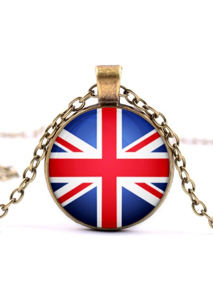 Ingiltere Bayrak Kolye England Great Britain Bayrağı Yuvarlak Camlı Metal Kolye Zincir