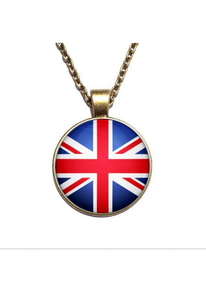 Ingiltere Bayrak Kolye England Great Britain Bayrağı Yuvarlak Camlı Metal Kolye Zincir