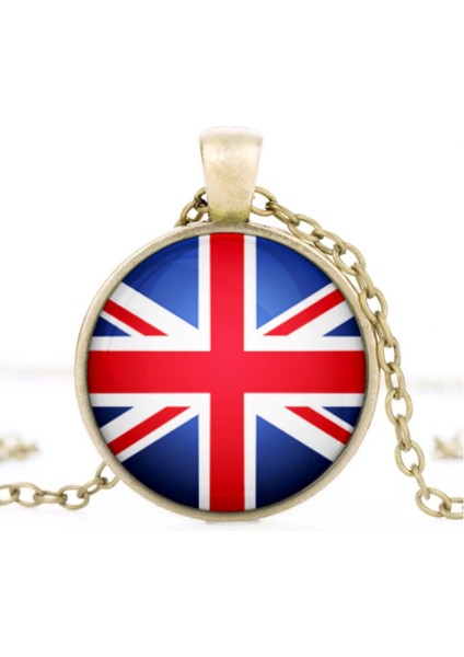 Ingiltere Bayrak Kolye England Great Britain Bayrağı Yuvarlak Camlı Metal Kolye Zincir