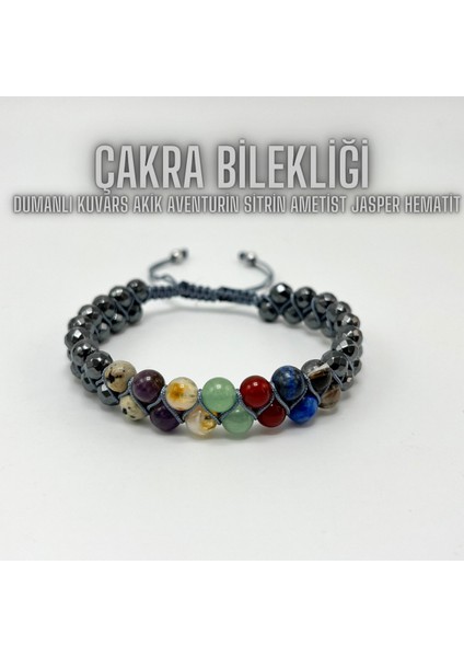 Çakra Doğal Taş Bileklik -Jasper-Dumanlı Kuvars-Akik-Aventurin-Sitrin-Ametist-Hematit