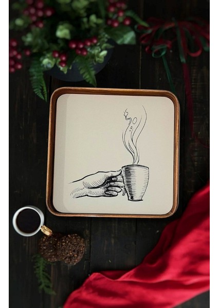 Bambu Görünümlü Kenar Kahve Temalı Servis Sunum Metal Kare Tepsi