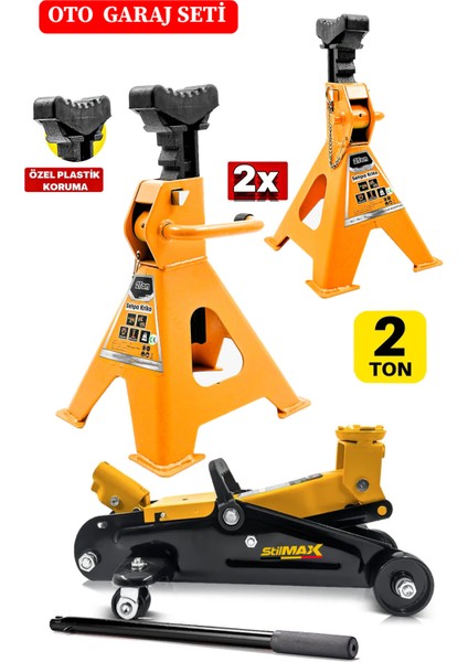 2TON/2000KG Kapasite Tekerlekli Arabalı Hidrolik Kriko + 2ton X2ADET Taşıma Sehpa Tip Kriko Standı