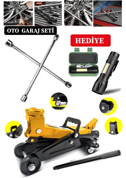 2000KG Kapasiteli Tekerlekli Araç Krikosu Hidrolik Kriko + 4'lü Çelik Bijon Seti El Feneri Hediyeli fiyatları