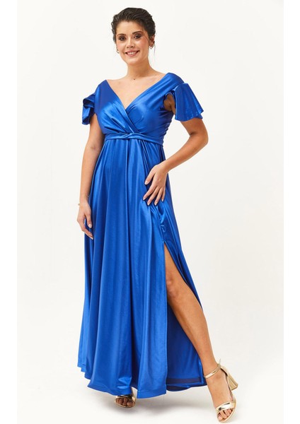 Kadın Büyük Beden Yırtmaç Detaylı Saten Uzun Saks Abiye & Gece Elbisesi fiyatları