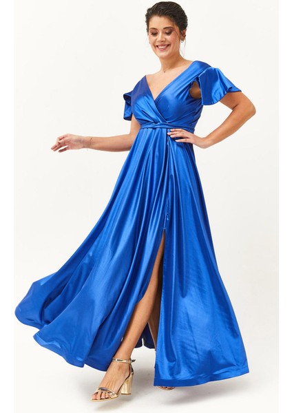 Kadın Büyük Beden Yırtmaç Detaylı Saten Uzun Saks Abiye & Gece Elbisesi modelleri