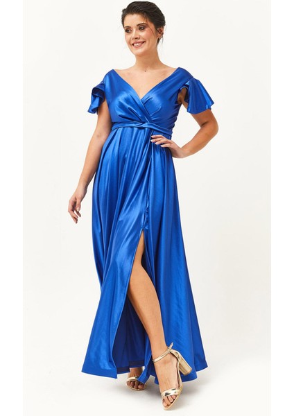 Kadın Büyük Beden Yırtmaç Detaylı Saten Uzun Saks Abiye & Gece Elbisesi fırsatları