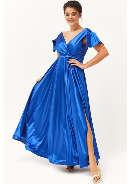 Kadın Büyük Beden Yırtmaç Detaylı Saten Uzun Saks Abiye & Gece Elbisesi indirimleri