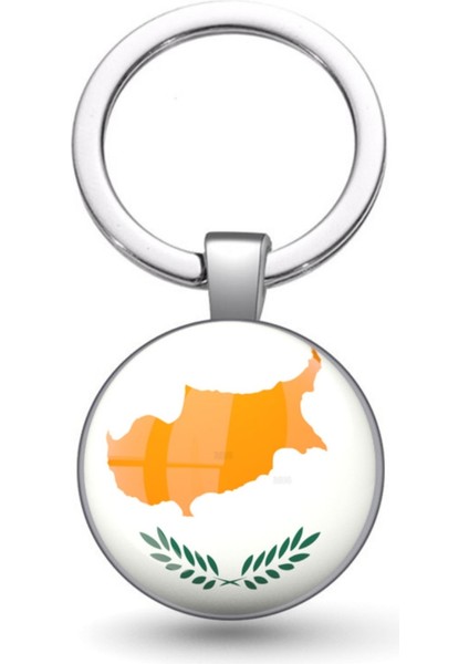 Kıbrıs Adası Bayrağı Anahtarlık Ülke Bayrak 3D Camlı Metal Gri Halka