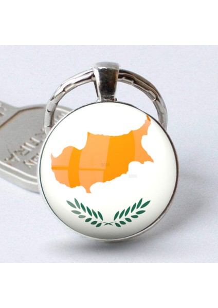 Kıbrıs Adası Bayrağı Anahtarlık Ülke Bayrak 3D Camlı Metal Gri Halka fiyatları