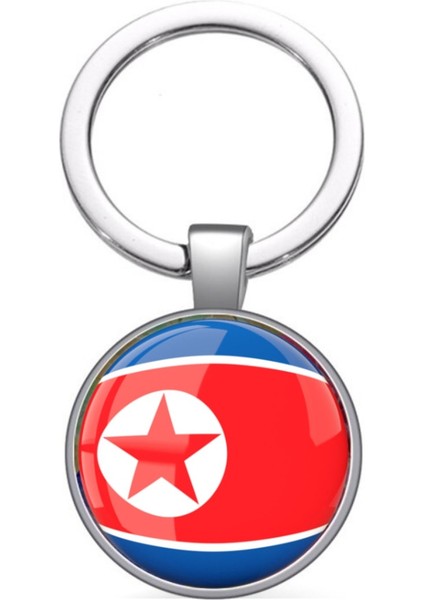 Kuzey Kore North Korea Bayrağı Anahtarlık 3D Camlı Bayrak Metal Halka