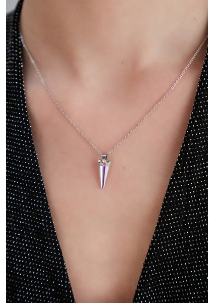Kadın Bella Vista Model Çelik Gümüş Kaplama Hologram Istiridye Kristal Zirkon Taşlı Zincir Kolye