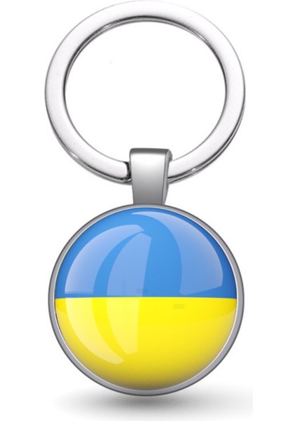 Ukrayna Bayrak Gümüş Gri Renk Anahtarlık Ukraine Bayrağı Yuvarlak 3D Cam Anahtar