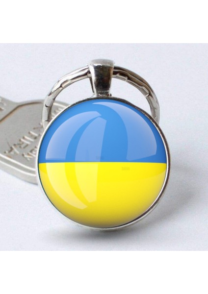 Ukrayna Bayrak Gümüş Gri Renk Anahtarlık Ukraine Bayrağı Yuvarlak 3D Cam Anahtar