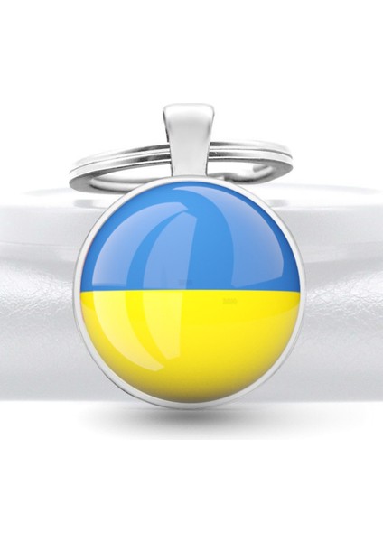 Ukrayna Bayrak Gümüş Gri Renk Anahtarlık Ukraine Bayrağı Yuvarlak 3D Cam Anahtar