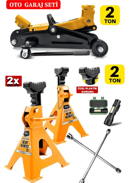 2TON/2000KG Kapasite Tekerlekli Arabalı Kriko + 2ton X2ADET Sehpa Tip Kriko + Bijon Full Garaj Seti