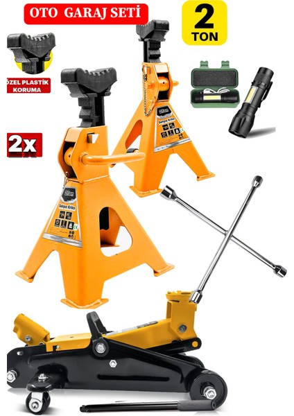 2TON/2000KG Kapasite Tekerlekli Arabalı Kriko + 2ton X2ADET Sehpa Tip Kriko + Bijon Full Garaj Seti fiyatları