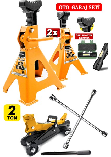 2TON/2000KG Kapasite Tekerlekli Arabalı Kriko + 2ton X2ADET Sehpa Tip Kriko + Bijon Full Garaj Seti modelleri