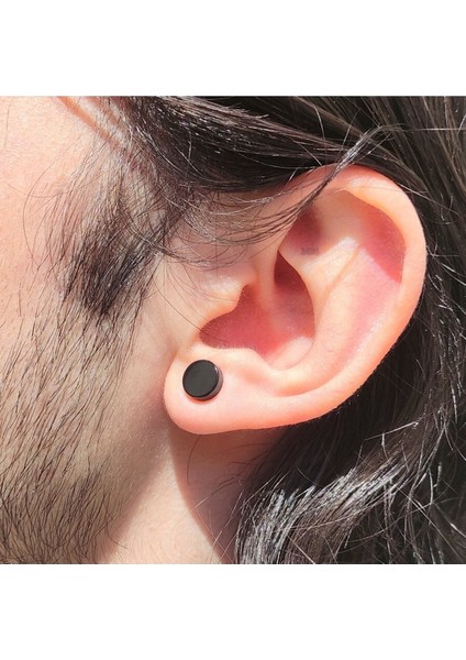 8mm Siyah Düz Küpe Yuvarlak Mıknatıslı Unisex 1 Çift Deliksiz Manyetik Çelik