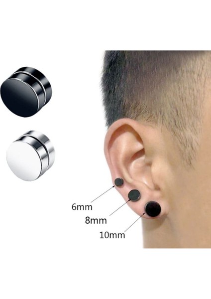 Gümüş Gri Renk Düz Yuvarlak Mıknatıslı Erkek Tek Küpe 8mm Mıknatıs Çelik Manyetik