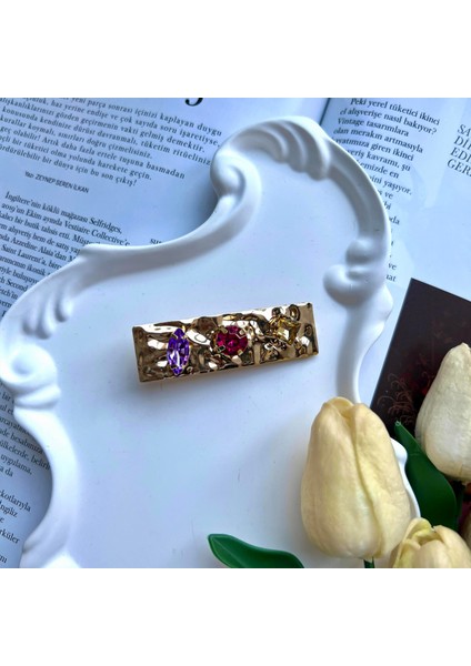 Gold Ince Renkli Taşlı Yan Toka