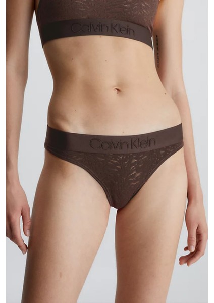 Kadın Calvin Klein Logolu Elastik Bantlı Orta Yüksek Belli Yarı Transparan Streç Dantelli Kahverengi Külot 000QF7287E-BKC