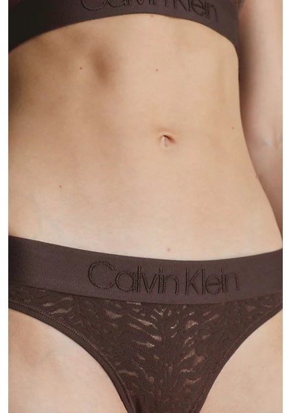 Kadın Calvin Klein Logolu Elastik Bantlı Orta Yüksek Belli Yarı Transparan Streç Dantelli Kahverengi Külot 000QF7287E-BKC