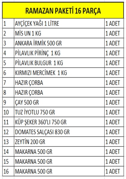 Ramazan Erzak Yardım Paketi Kumanya Kolisi 16 Parça