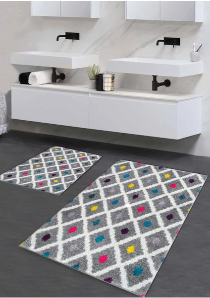 yıkanabilir Kaymaz Pamuk Dokuma Taban Geometrik Renkli Desen 60X100-50X60 2'li Banyo Paspası Klozet Takım