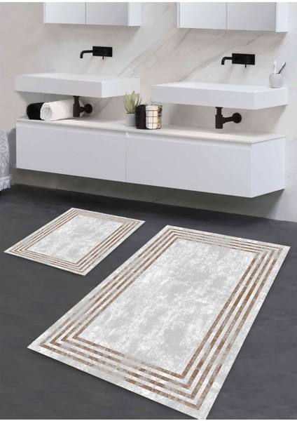 yıkanabilir Kaymaz Pamuk Dokuma Taban Kahve Çerçeveli Desen 60X100-50X60 2'li Banyo Paspası Klozet Takım
