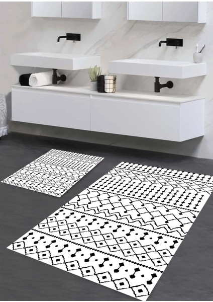 yıkanabilir Kaymaz Pamuk Dokuma Taban Geometrik Desenli 60X100-50X60 2'li Banyo Paspası Klozet Takım