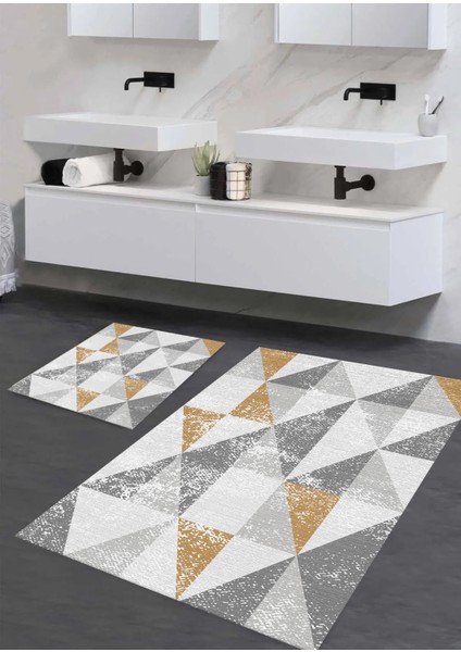yıkanabilir Kaymaz Pamuk Dokuma Taban Geometrik Üçgen Desenli 60X100-50X60 2'li Banyo Paspası Klozet Takım