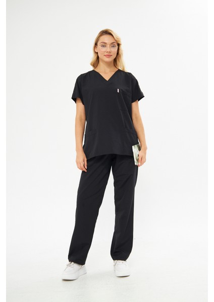 Takım V Yaka Tree Cotton Hemşire Siyah