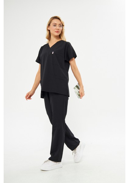 Takım V Yaka Tree Cotton Hemşire Siyah