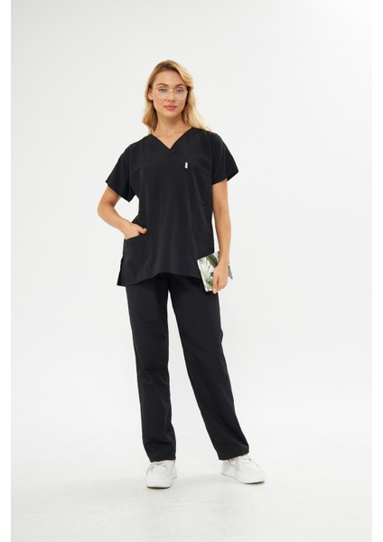 Takım V Yaka Tree Cotton Hemşire Siyah