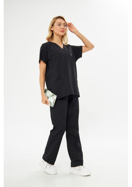 Takım V Yaka Tree Cotton Hemşire Siyah