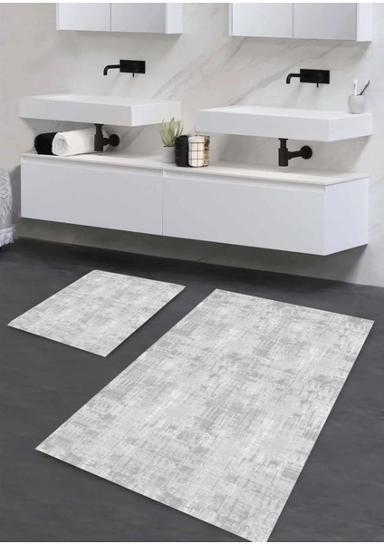 yıkanabilir Kaymaz Pamuk Dokuma Taban Düz Gri Desenli 60X100-50X60 2'li Banyo Paspası Klozet Takım