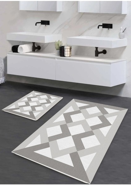 yıkanabilir Kaymaz Pamuk Dokuma Taban Geometrik Zikzak Desenli 60X100-50X60 2'li Banyo Paspası Klozet Takım